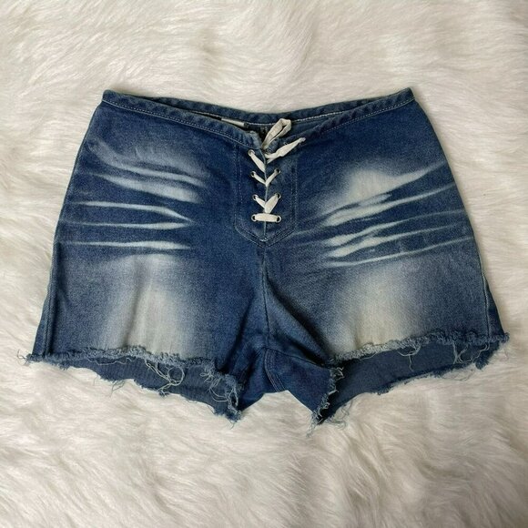 VTG Joy Jeans Women's Small (3) Y2K Lace-Up Stretch Cut-Off Mid-Rise Denim Short - Picture 1 of 7